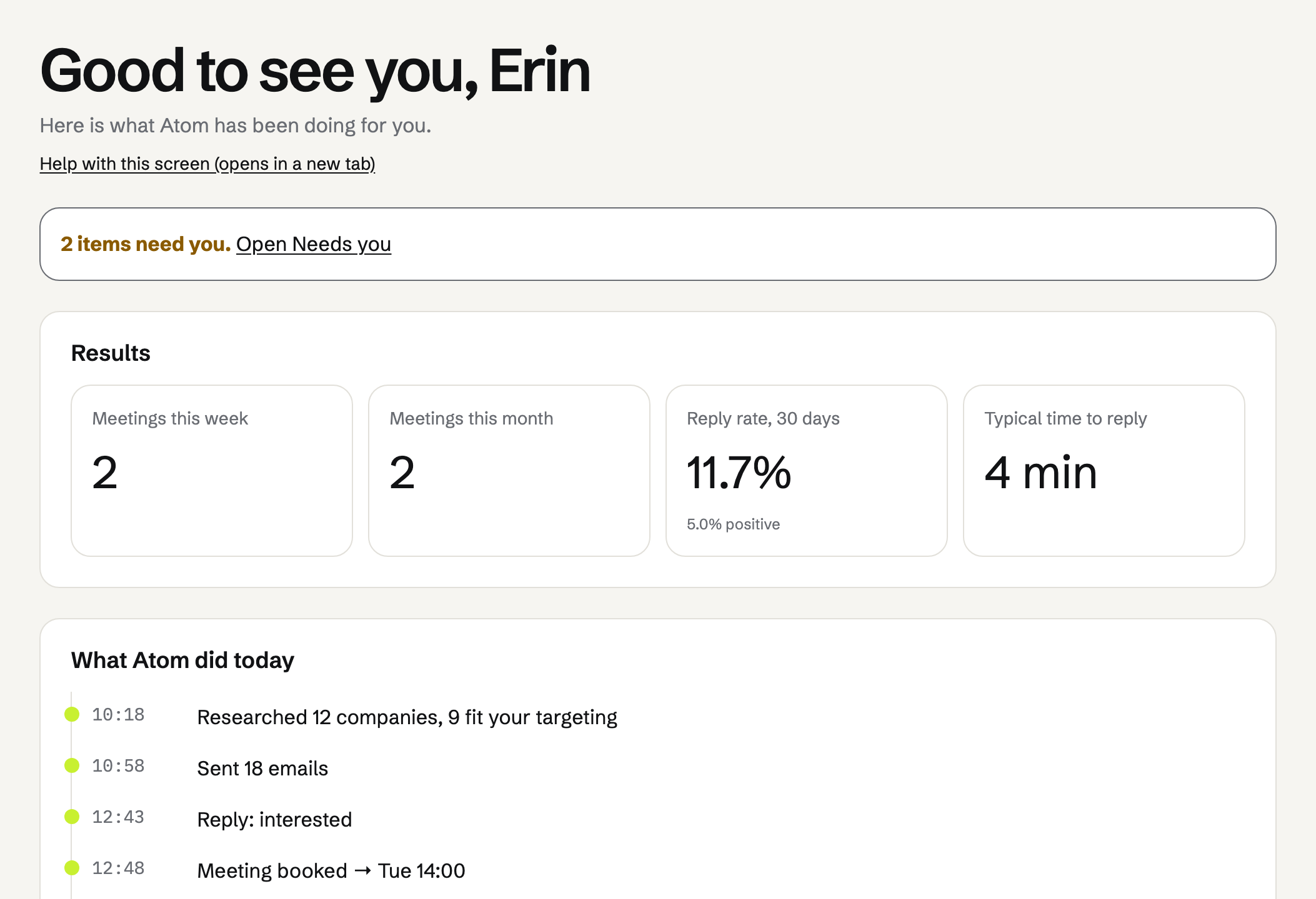 The Atom dashboard: two items need you, two meetings this week, an 11.7% reply rate, replies in about four minutes, and a timeline of today's research, emails, an interested reply and a booked meeting.