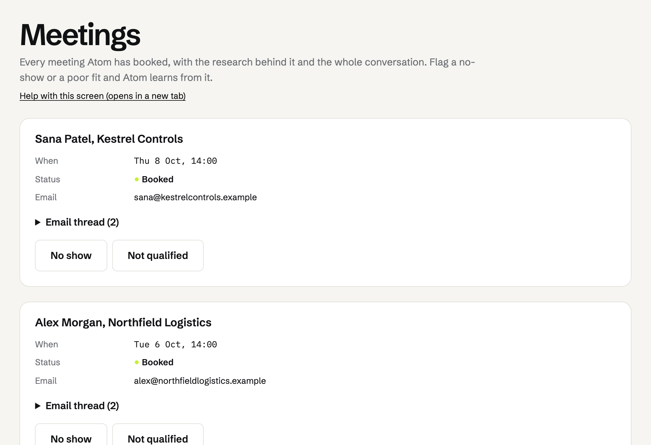 Meetings: two booked meetings with Kestrel Controls and Northfield Logistics, each with its time, status and email thread, and buttons to flag a no-show or poor fit.
