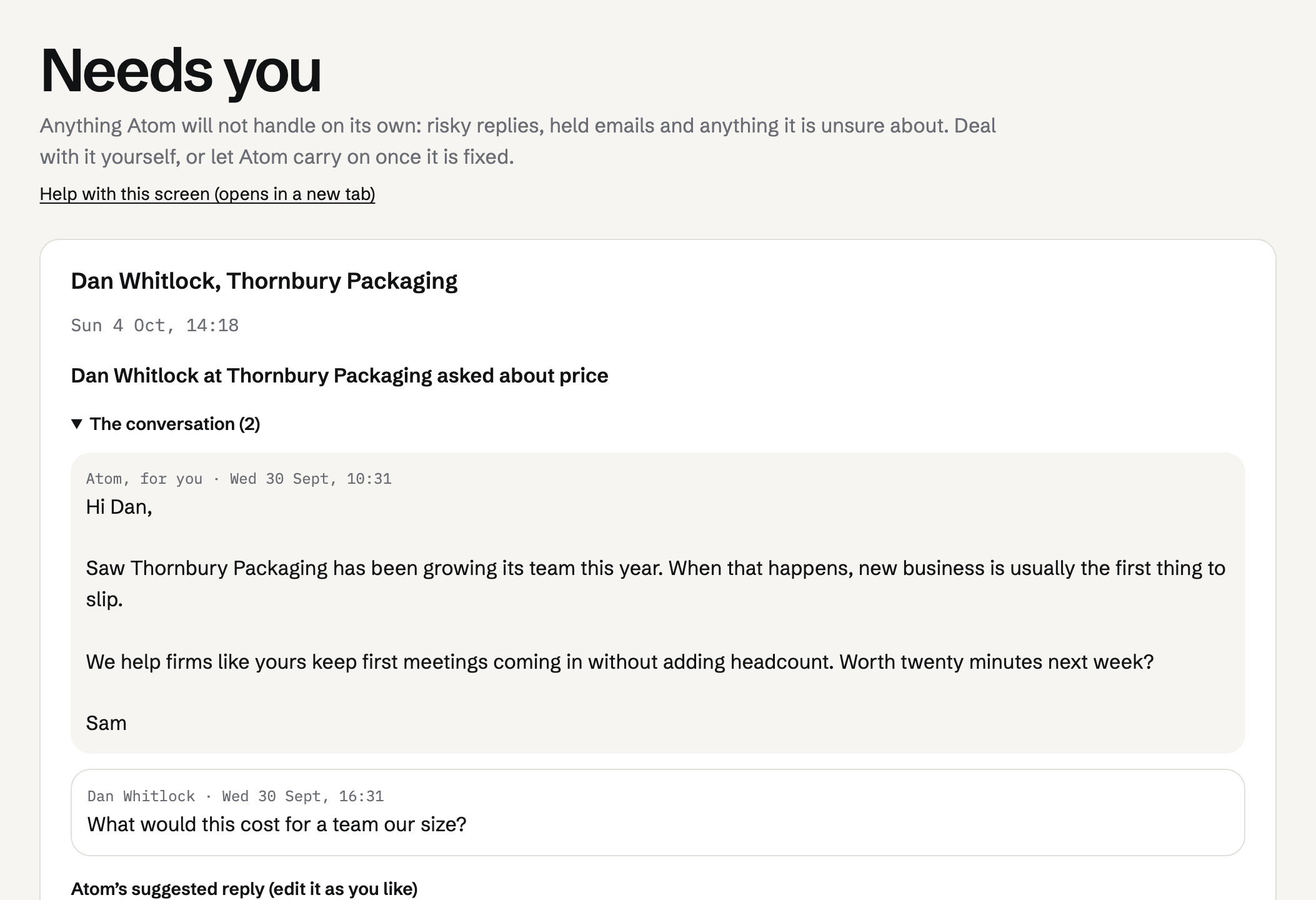 Needs you: a prospect asked about price. The conversation is shown with Atom's suggested reply, ready to edit.